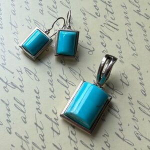Modern Turquoise and Sterling Silver Dangle Earrings and Pendant Set